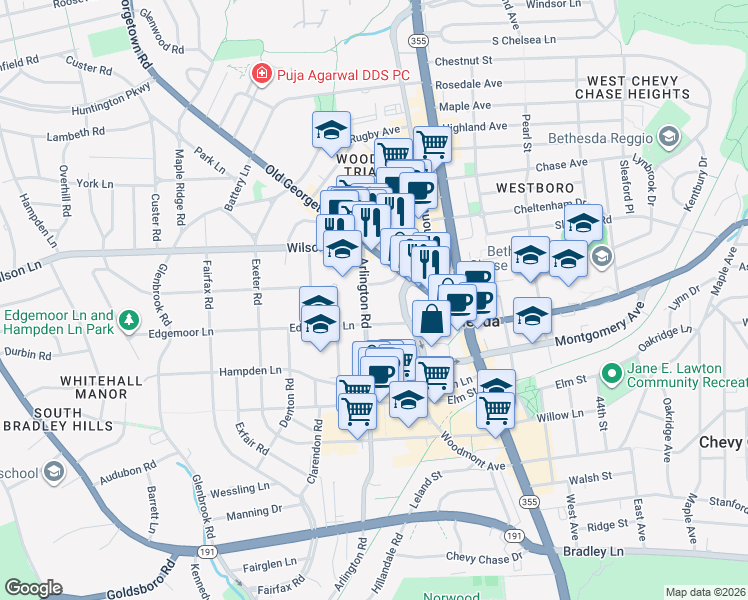 map of restaurants, bars, coffee shops, grocery stores, and more near 4900 Moorland Lane in Bethesda