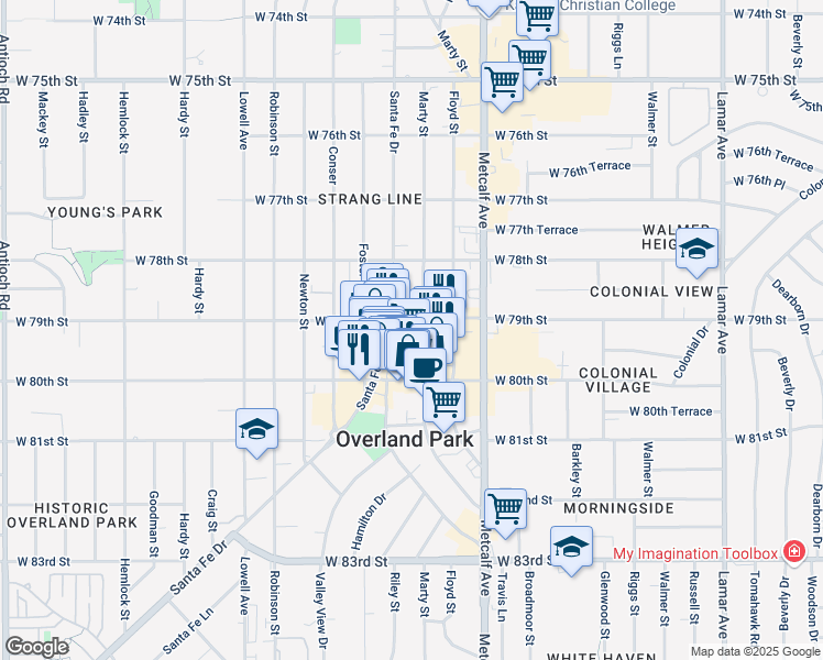 map of restaurants, bars, coffee shops, grocery stores, and more near 7322 West 80th Street in Overland Park