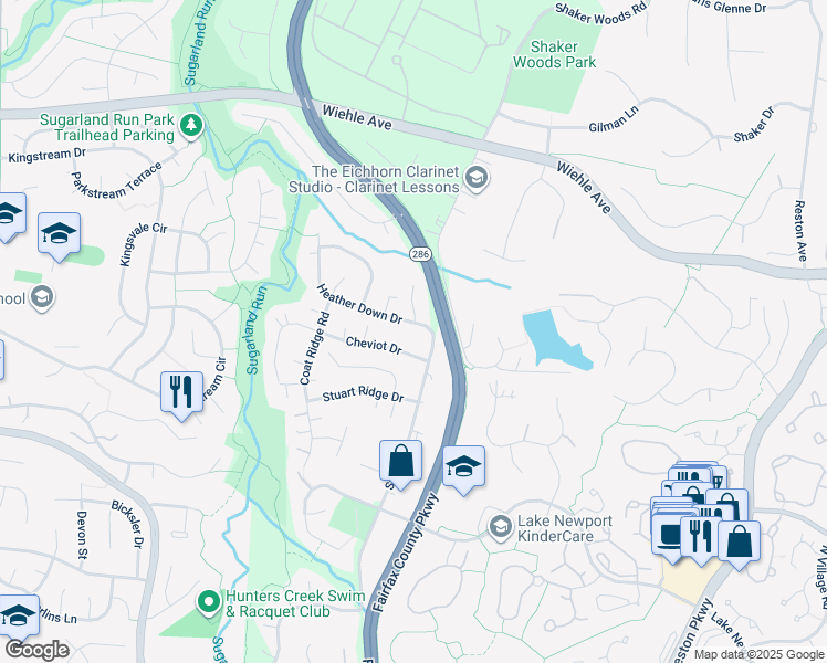 map of restaurants, bars, coffee shops, grocery stores, and more near 12003 Heather Down Drive in Herndon