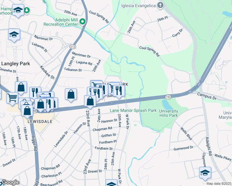 map of restaurants, bars, coffee shops, grocery stores, and more near 7902 25th Avenue in Adelphi