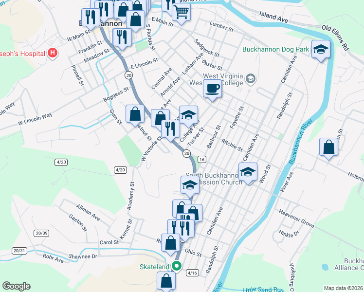 map of restaurants, bars, coffee shops, grocery stores, and more near 141 South Kanawha Street in Buckhannon