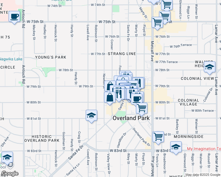 map of restaurants, bars, coffee shops, grocery stores, and more near 7900 Conser in Overland Park