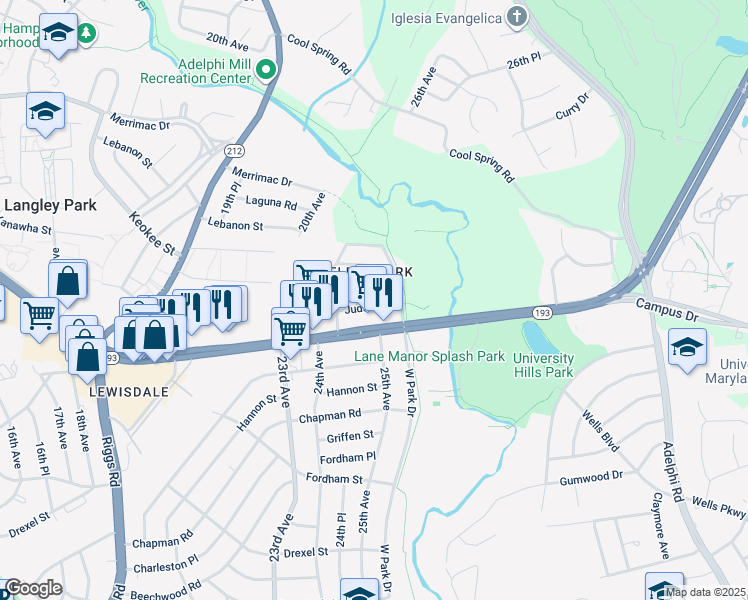map of restaurants, bars, coffee shops, grocery stores, and more near 7902 25th Avenue in Adelphi