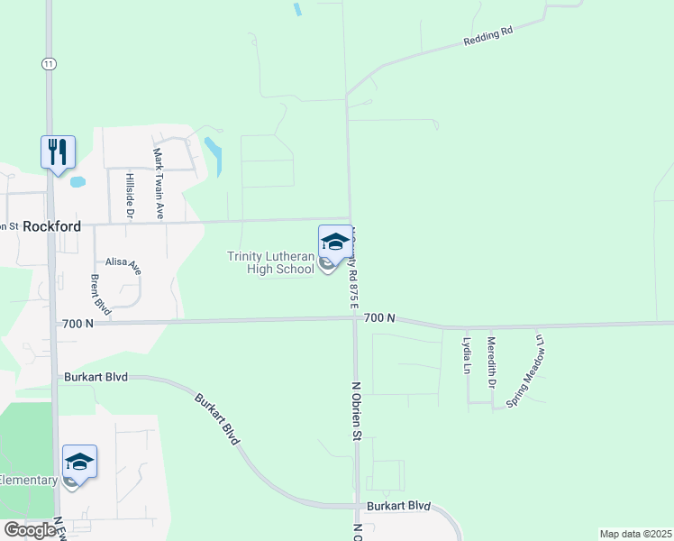 map of restaurants, bars, coffee shops, grocery stores, and more near 7120 North County Road 875 East in Seymour