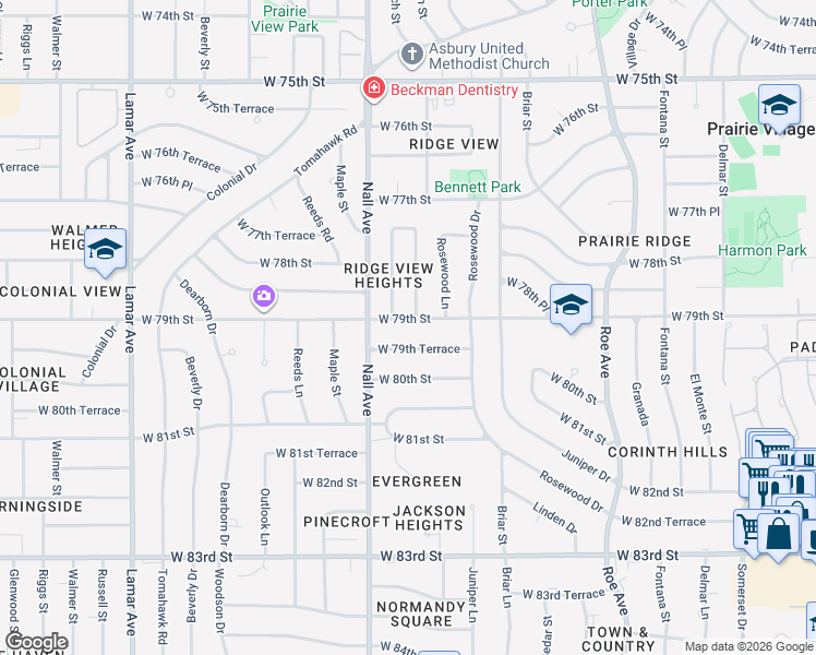 map of restaurants, bars, coffee shops, grocery stores, and more near 5306 West 79th Terrace in Prairie Village