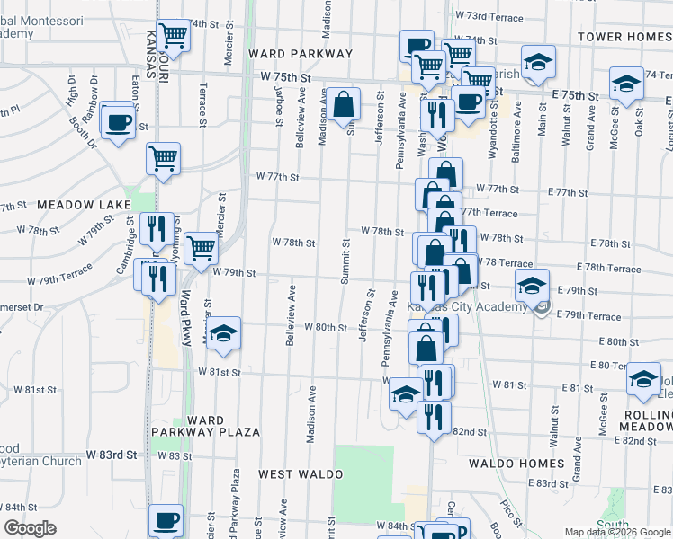map of restaurants, bars, coffee shops, grocery stores, and more near 7901 Summit Street in Kansas City