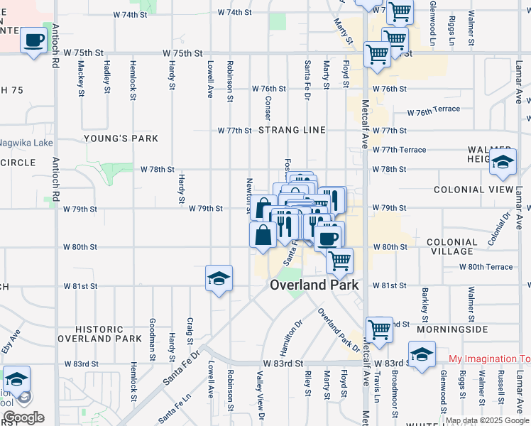 map of restaurants, bars, coffee shops, grocery stores, and more near 7920 Conser in Overland Park