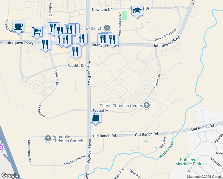 map of restaurants, bars, coffee shops, grocery stores, and more near 1707 Spring Water Point in Colorado Springs