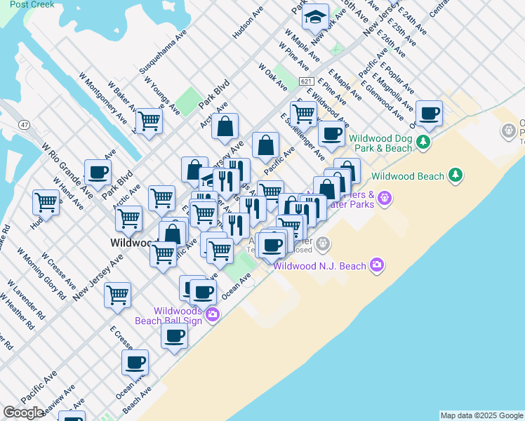 map of restaurants, bars, coffee shops, grocery stores, and more near 4110 Atlantic Avenue in Wildwood