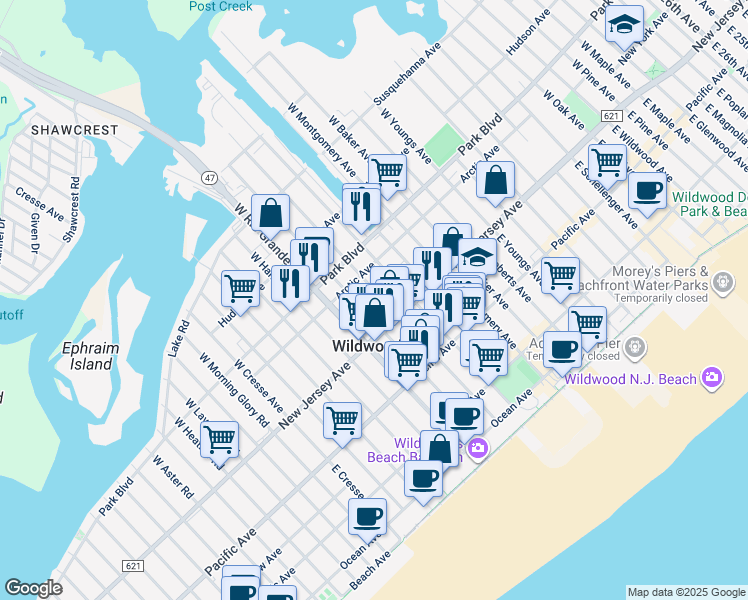 map of restaurants, bars, coffee shops, grocery stores, and more near 119 West Taylor Avenue in Wildwood