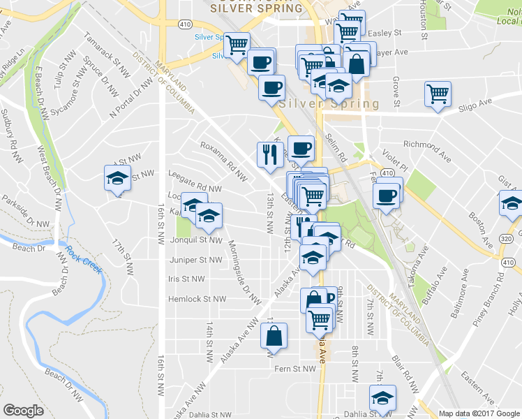 map of restaurants, bars, coffee shops, grocery stores, and more near 1309 Locust Road Northwest in Washington