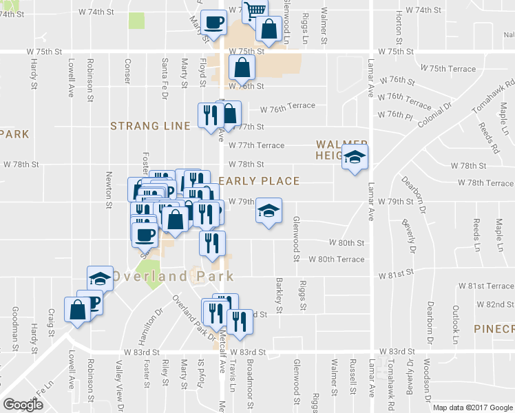 map of restaurants, bars, coffee shops, grocery stores, and more near 6921 West 79th Street in Overland Park