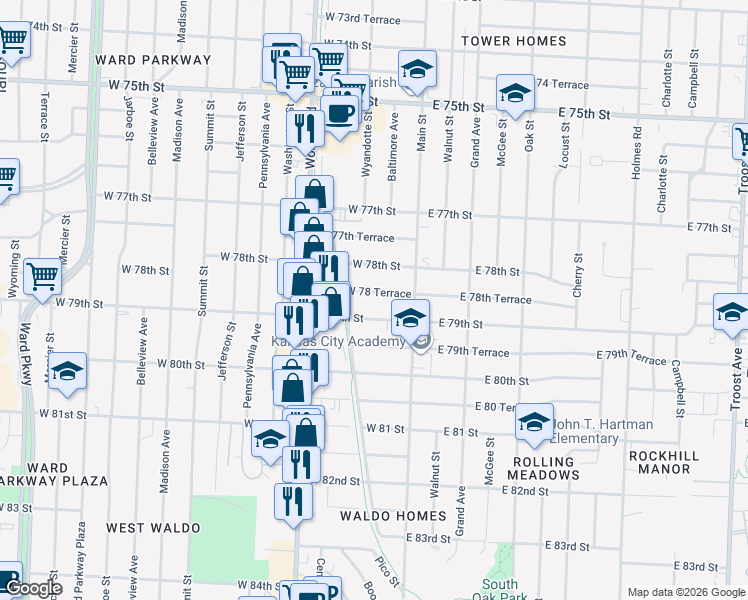 map of restaurants, bars, coffee shops, grocery stores, and more near 102 West 79th Street in Kansas City