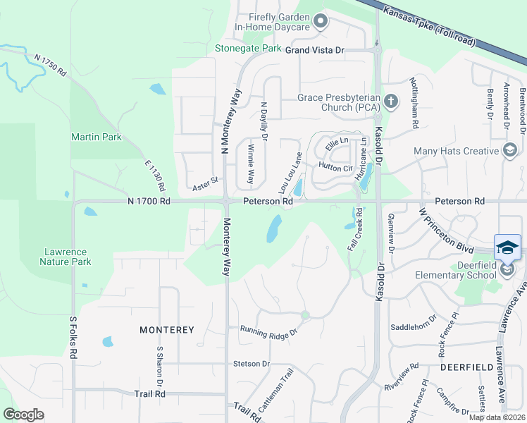 map of restaurants, bars, coffee shops, grocery stores, and more near 3633 Peterson Road in Lawrence