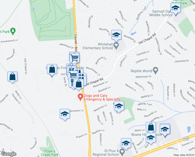 map of restaurants, bars, coffee shops, grocery stores, and more near 3801 Waldorf Way in Bowie