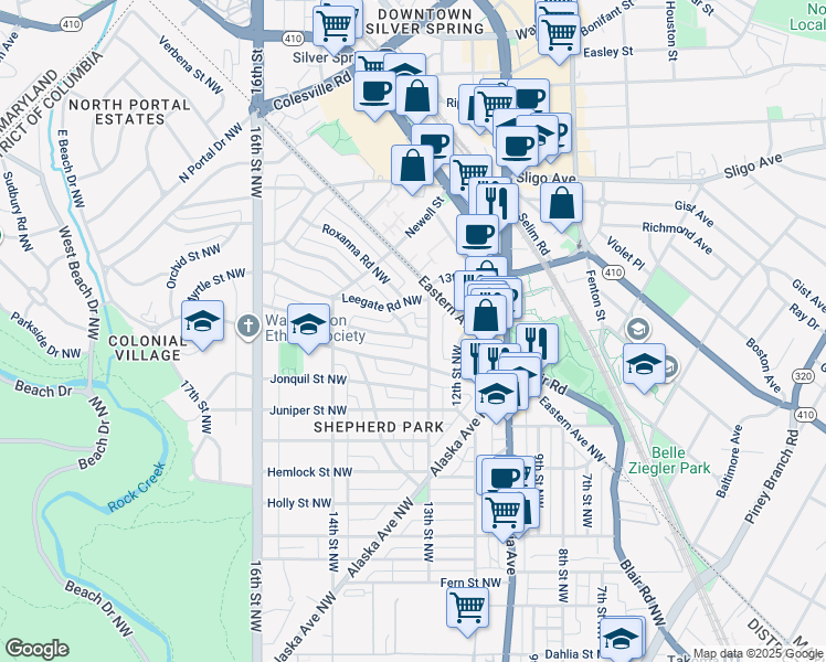 map of restaurants, bars, coffee shops, grocery stores, and more near 1309 Locust Road Northwest in Washington