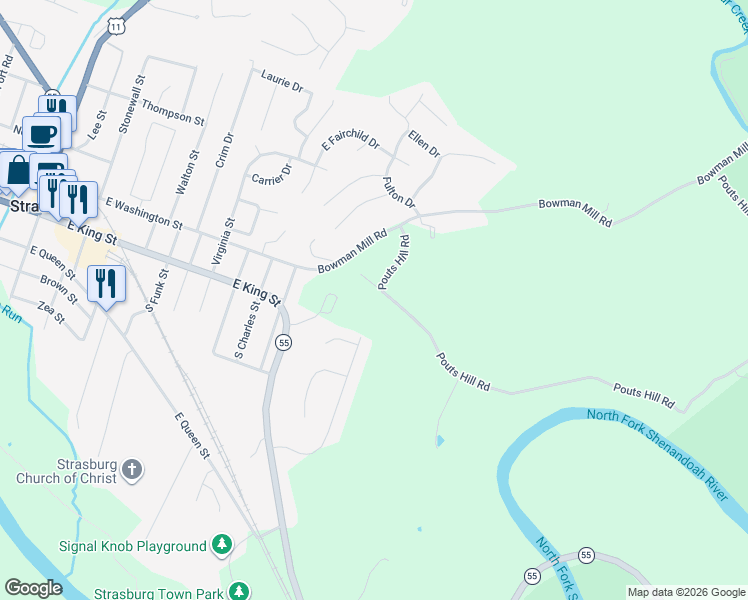 map of restaurants, bars, coffee shops, grocery stores, and more near 214 Pouts Hill Road in Strasburg