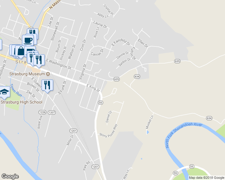 map of restaurants, bars, coffee shops, grocery stores, and more near 1 Front Royal Road in Strasburg