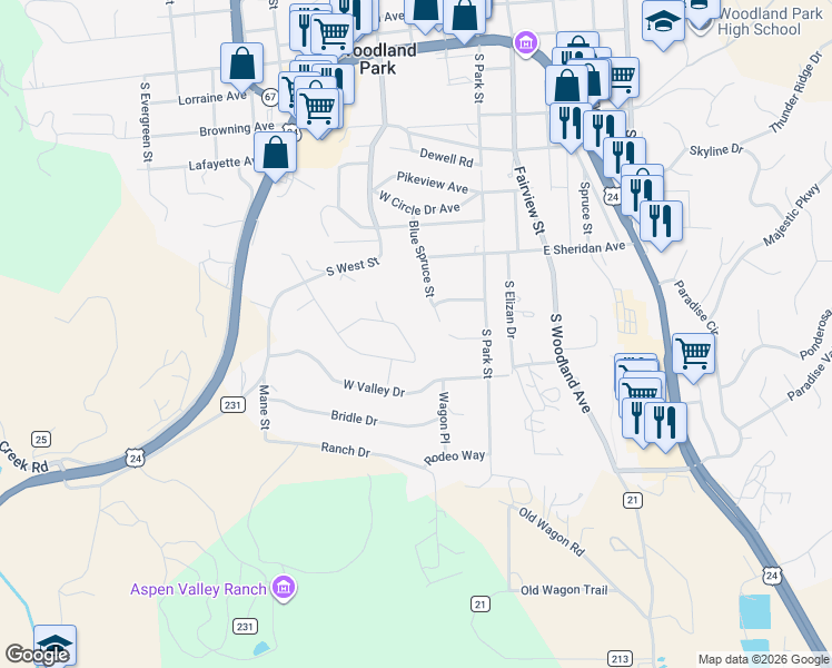 map of restaurants, bars, coffee shops, grocery stores, and more near 352 Gray Horse Circle in Woodland Park
