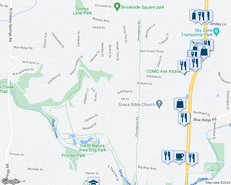 map of restaurants, bars, coffee shops, grocery stores, and more near 3401 Squirrel Drive in Columbia