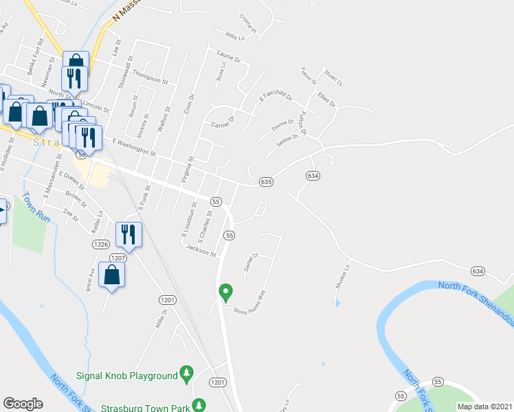 map of restaurants, bars, coffee shops, grocery stores, and more near 1 Front Royal Road in Strasburg