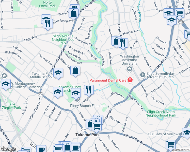 map of restaurants, bars, coffee shops, grocery stores, and more near 120 Geneva Ave in Takoma Park