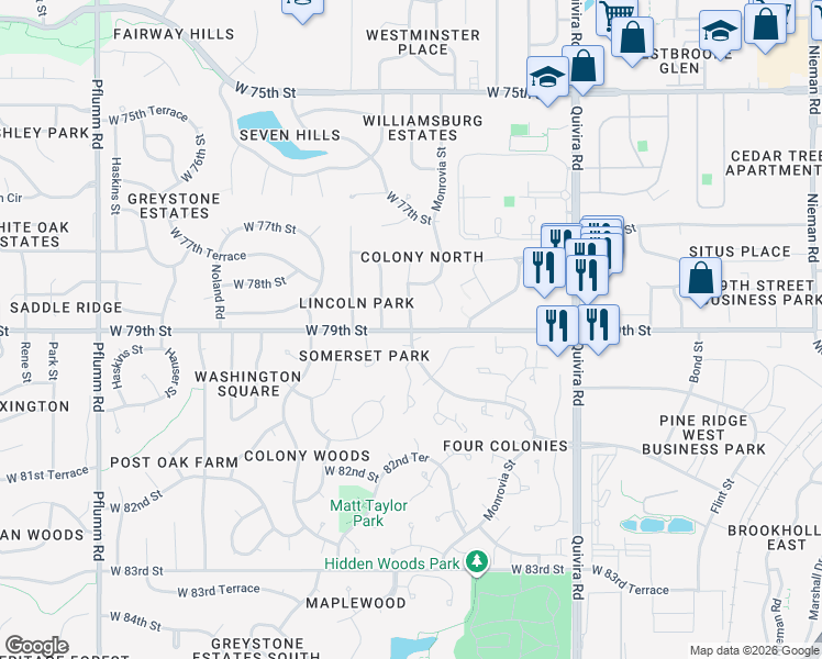map of restaurants, bars, coffee shops, grocery stores, and more near 10233 Caenen Street in Lenexa