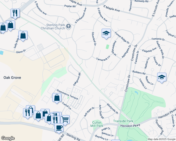 map of restaurants, bars, coffee shops, grocery stores, and more near 113 Silverleaf Court in Sterling