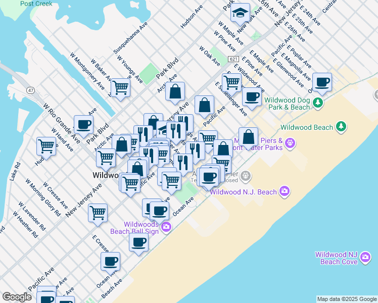 map of restaurants, bars, coffee shops, grocery stores, and more near 216 East Roberts Avenue in Wildwood