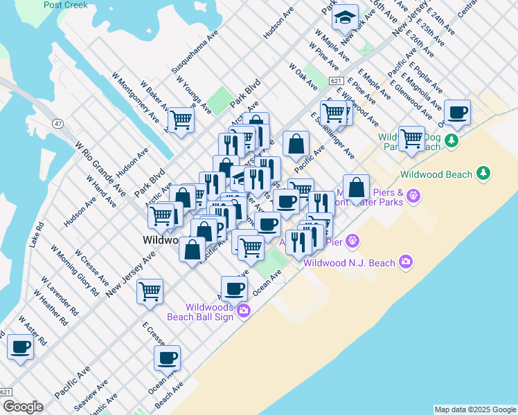 map of restaurants, bars, coffee shops, grocery stores, and more near 201 East Baker Avenue in Wildwood