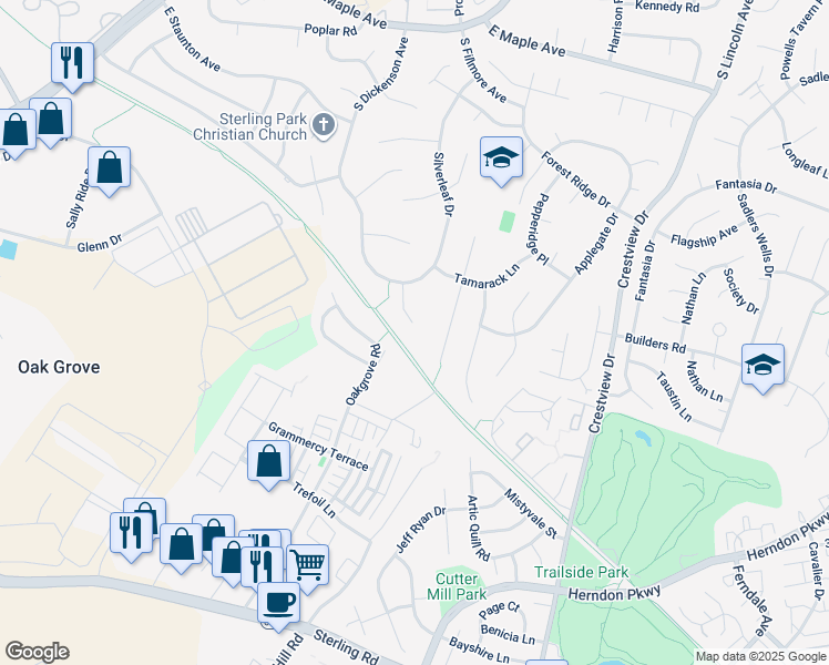 map of restaurants, bars, coffee shops, grocery stores, and more near 113 Silverleaf Court in Sterling