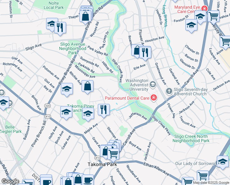 map of restaurants, bars, coffee shops, grocery stores, and more near 206 Geneva Avenue in Silver Spring