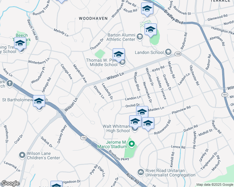map of restaurants, bars, coffee shops, grocery stores, and more near 6404 Middleburg Lane in Bethesda