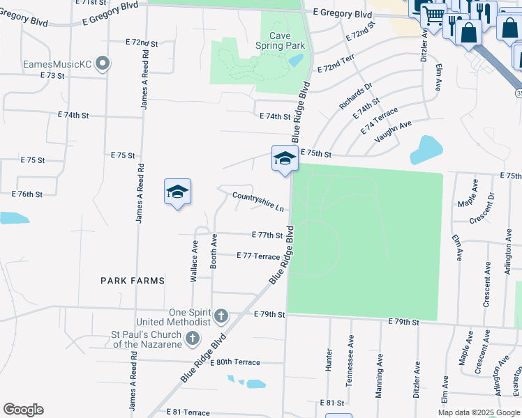 map of restaurants, bars, coffee shops, grocery stores, and more near 8721 Countryshire Lane in Kansas City