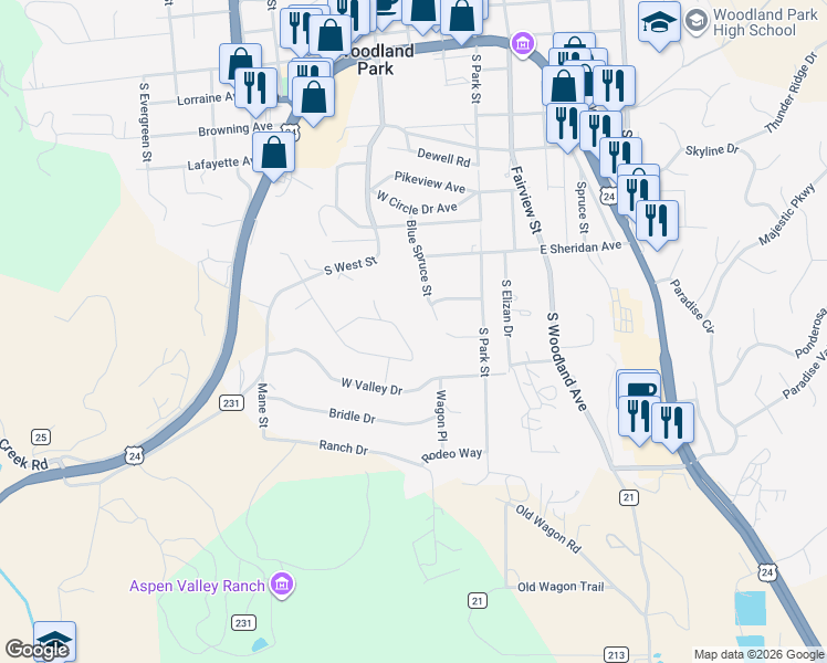 map of restaurants, bars, coffee shops, grocery stores, and more near 352 Gray Horse Circle in Woodland Park