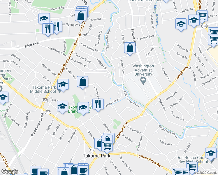 map of restaurants, bars, coffee shops, grocery stores, and more near 206 Geneva Avenue in Silver Spring