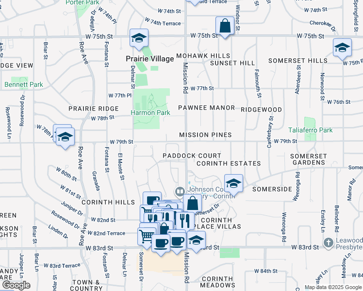 map of restaurants, bars, coffee shops, grocery stores, and more near 7911 Bristol Court in Prairie Village