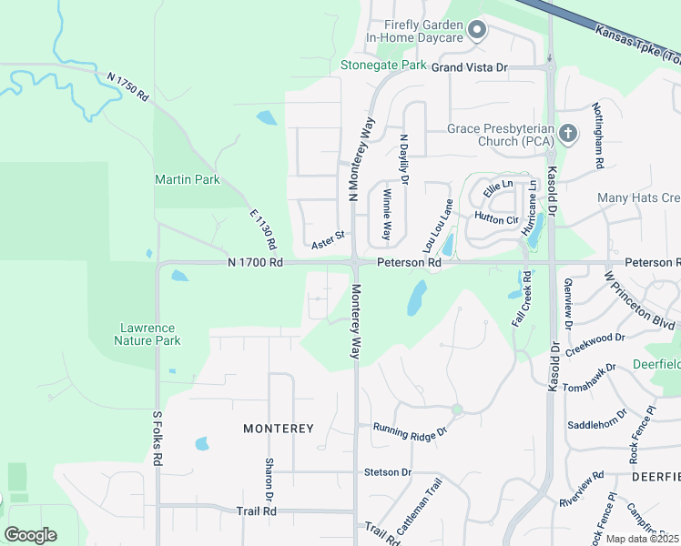 map of restaurants, bars, coffee shops, grocery stores, and more near 3901 Peterson Road in Lawrence