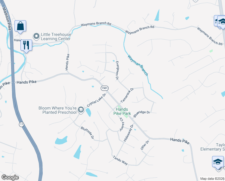 map of restaurants, bars, coffee shops, grocery stores, and more near 1207 Hands Pike in Covington