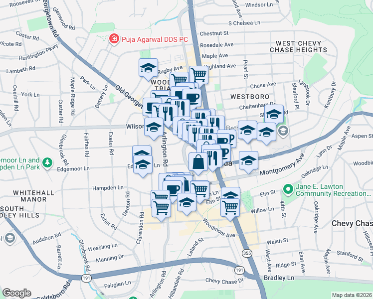 map of restaurants, bars, coffee shops, grocery stores, and more near 7620 Old Georgetown Road in Bethesda