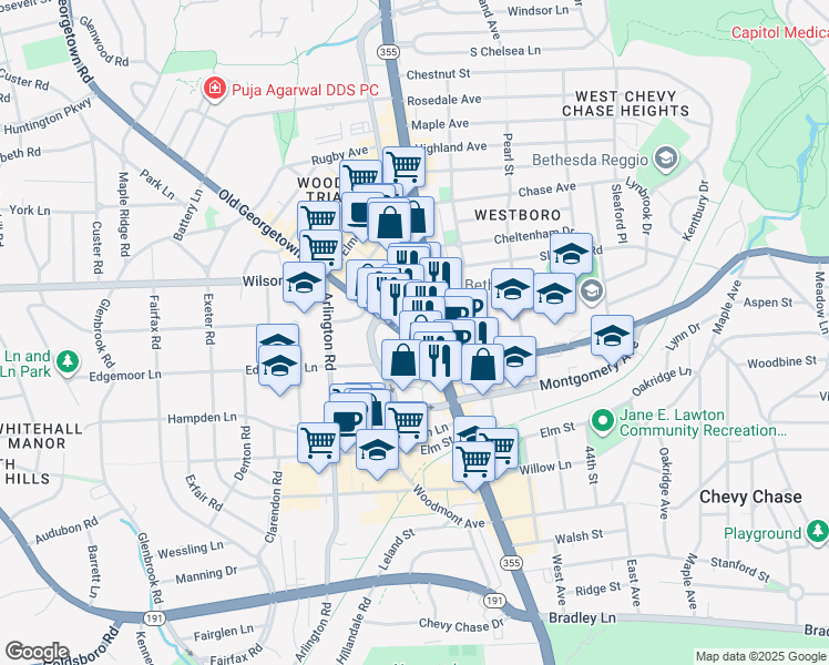 map of restaurants, bars, coffee shops, grocery stores, and more near 100 Commerce Lane in Bethesda