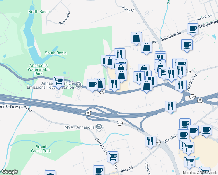 map of restaurants, bars, coffee shops, grocery stores, and more near 2600 Housley Road in Annapolis