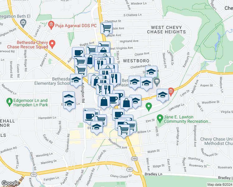 map of restaurants, bars, coffee shops, grocery stores, and more near 7557 Wisconsin Avenue in Bethesda