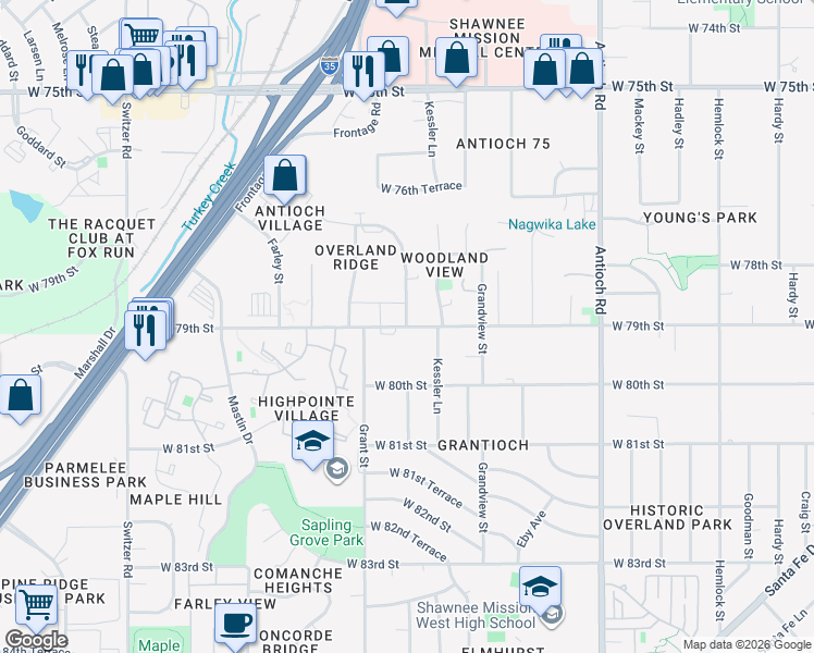 map of restaurants, bars, coffee shops, grocery stores, and more near 7823 England Street in Overland Park