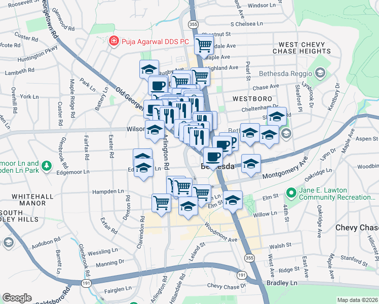 map of restaurants, bars, coffee shops, grocery stores, and more near 7620 Old Georgetown Road in Bethesda