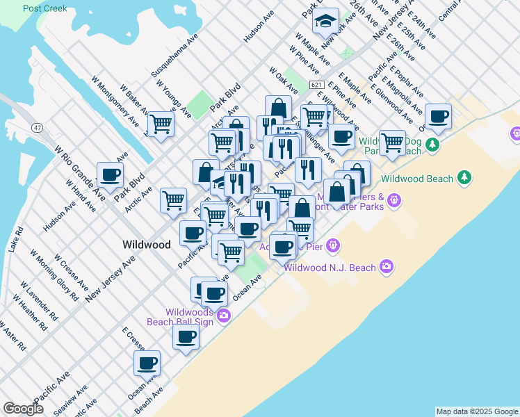 map of restaurants, bars, coffee shops, grocery stores, and more near 211 East Youngs Avenue in Wildwood