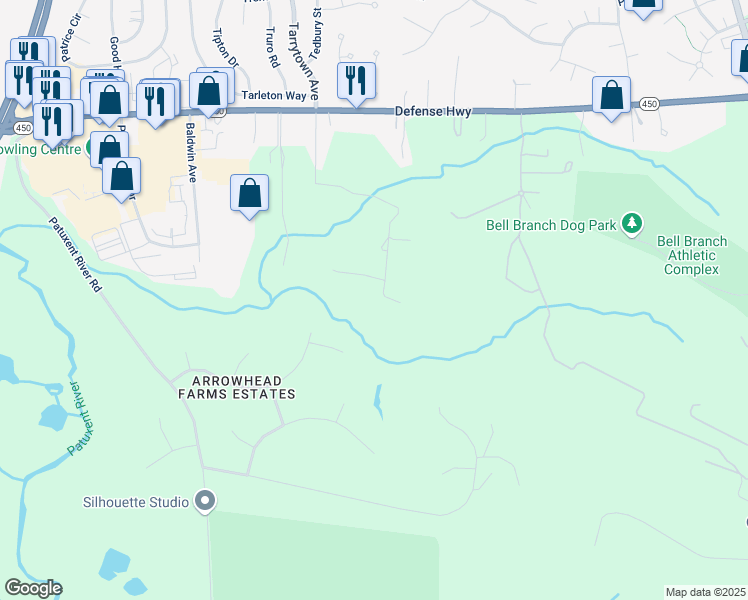 map of restaurants, bars, coffee shops, grocery stores, and more near 2240 Cox Road in Gambrills