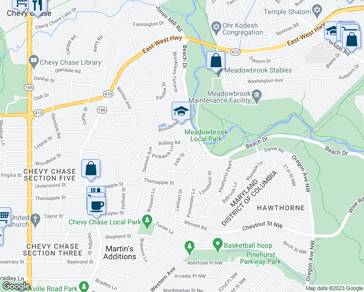 map of restaurants, bars, coffee shops, grocery stores, and more near 3110 Rolling Road in Chevy Chase