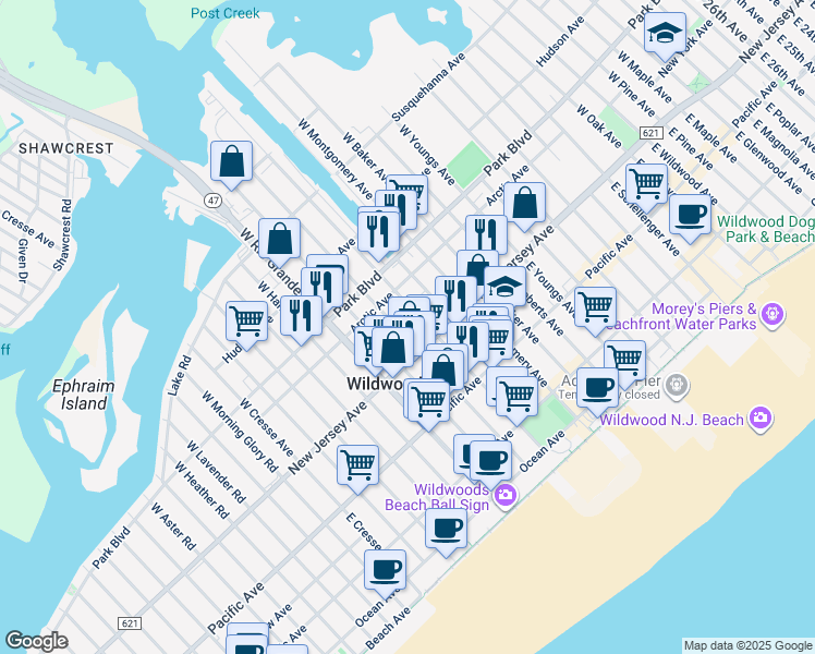 map of restaurants, bars, coffee shops, grocery stores, and more near 4605 Arctic Avenue in Wildwood