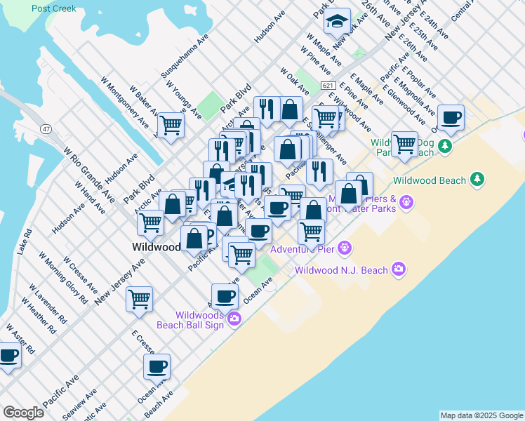 map of restaurants, bars, coffee shops, grocery stores, and more near 216 East Roberts Avenue in Wildwood